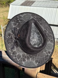 Image 6 of "Black Beauty" Black Tooled Leather, Hand Stitched, Hand Burned Sunflowers Suede Hat