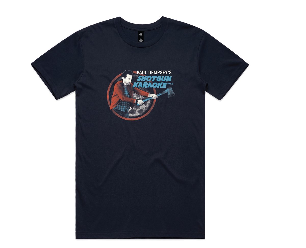 Image of Paul Dempsey Shotgun Karaoke logo tee navy