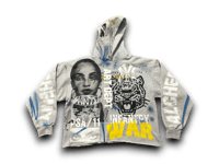 Image 1 of Sade Adu Black panther party war art dept upcycled screen print gray/black/blue hoodie