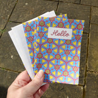 Image 1 of Pack of six 'Hello' Notelets - Blue Trefoil pattern