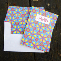 Image 3 of Pack of six 'Hello' Notelets - Blue Trefoil pattern