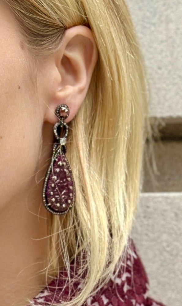Image of Carved Ruby and Diamond Drop Earrings