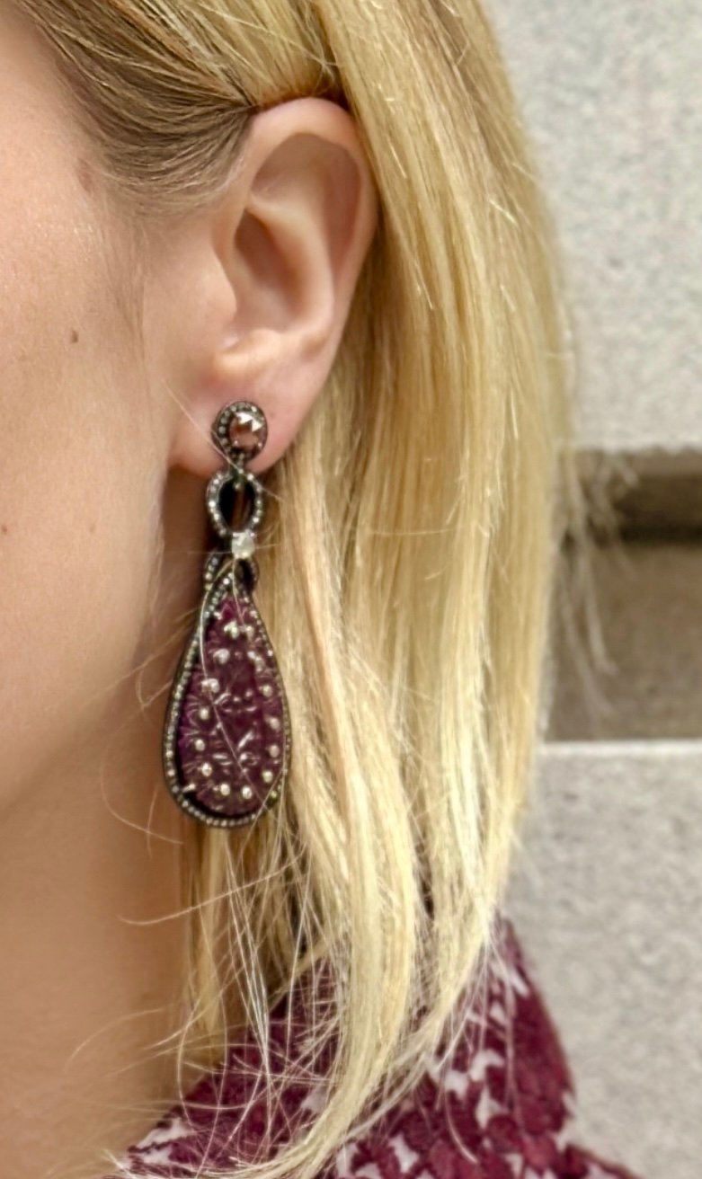 Carved Ruby and Diamond Drop Earrings - Image 1 of 1