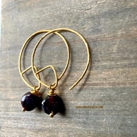 Image 4 of Geometric Gold Hoop Earrings, Garnet Stone, Boho Handmade Earrings, Minimalist Birthstone Jewelry 