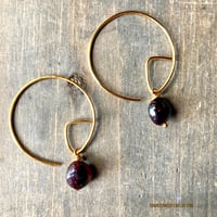 Image 1 of Geometric Gold Hoop Earrings, Garnet Stone, Boho Handmade Earrings, Minimalist Birthstone Jewelry 