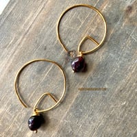 Image 8 of Geometric Gold Hoop Earrings, Garnet Stone, Boho Handmade Earrings, Minimalist Birthstone Jewelry 