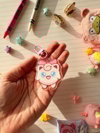 Image 1 of Acrylic Pink Jiggly Puff with a Bow Keychain