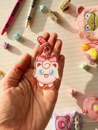 Image 4 of Acrylic Pink Jiggly Puff with a Bow Keychain