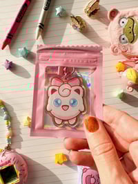 Image 5 of Acrylic Pink Jiggly Puff with a Bow Keychain