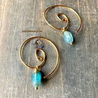 Image 1 of Blue Apatite Spiral Hoop Earrings, Gold Boho Handmade Hoops, Minimalist Gemstone Earrings