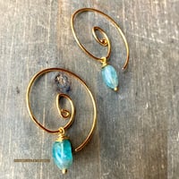 Image 4 of Blue Apatite Spiral Hoop Earrings, Gold Boho Handmade Hoops, Minimalist Gemstone Earrings