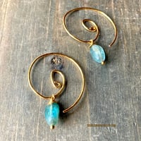 Image 5 of Blue Apatite Spiral Hoop Earrings, Gold Boho Handmade Hoops, Minimalist Gemstone Earrings