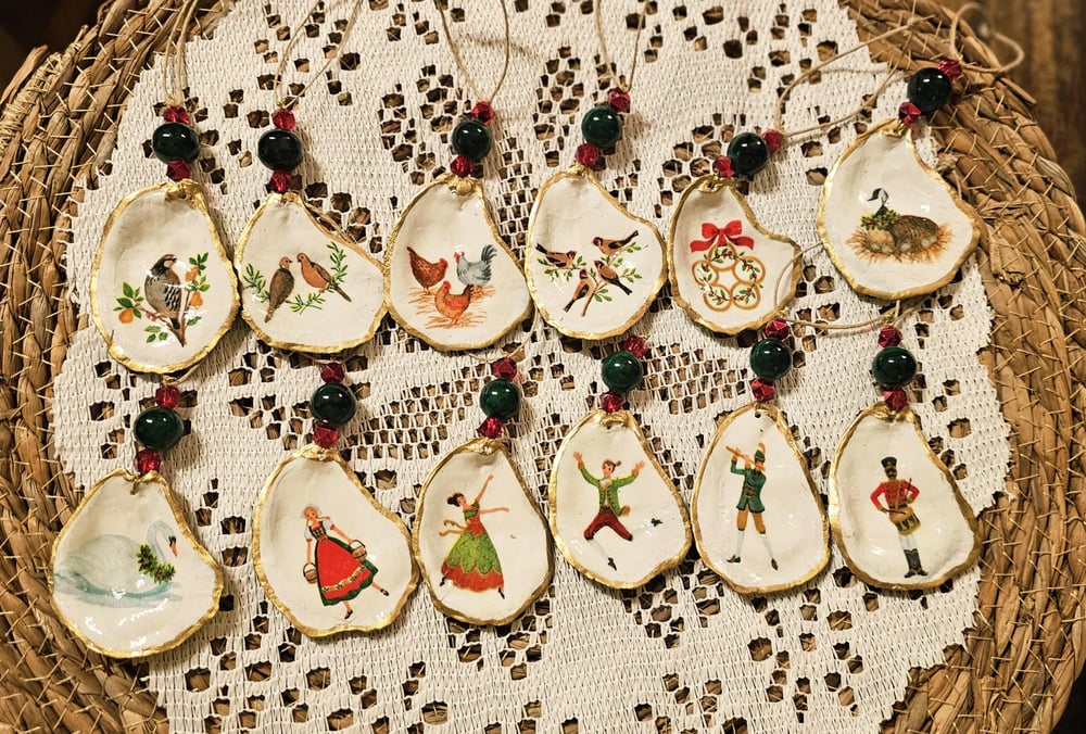 Image of Handcrafted 12 Days of Christmas Oyster Shell Ornament Set
