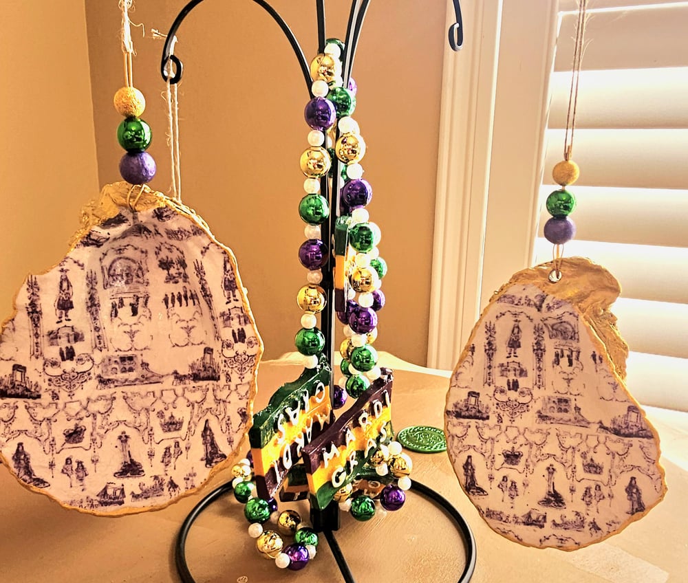 Image of Mardi Gras Toile Oyster Shell Ornament: Decoupage Beaded Decor
