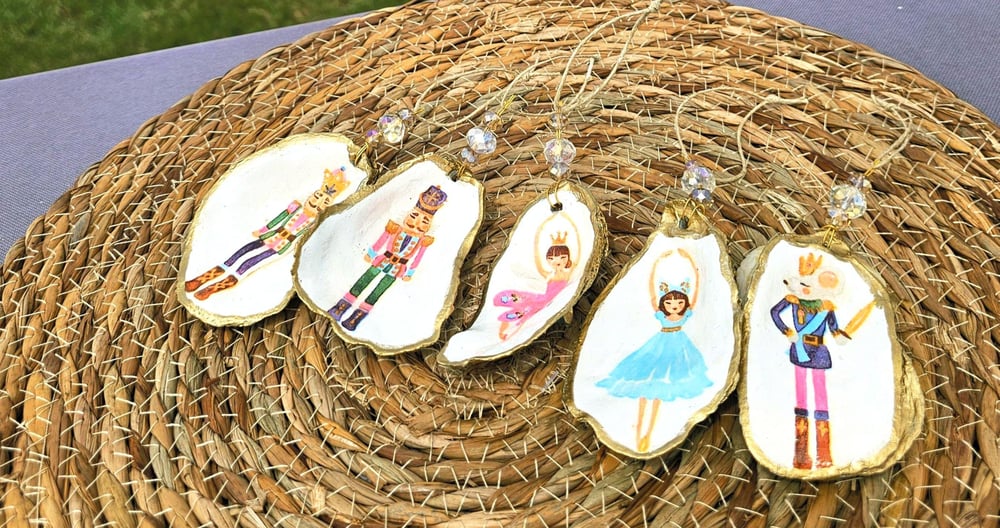 Image of Nutcracker Ballet Oyster Shell Ornament Set: Coastal Christmas Decor