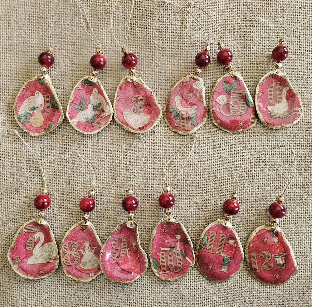 Image of 12 Days of Christmas Oyster Shell Ornaments, Hand-Decoupaged Set