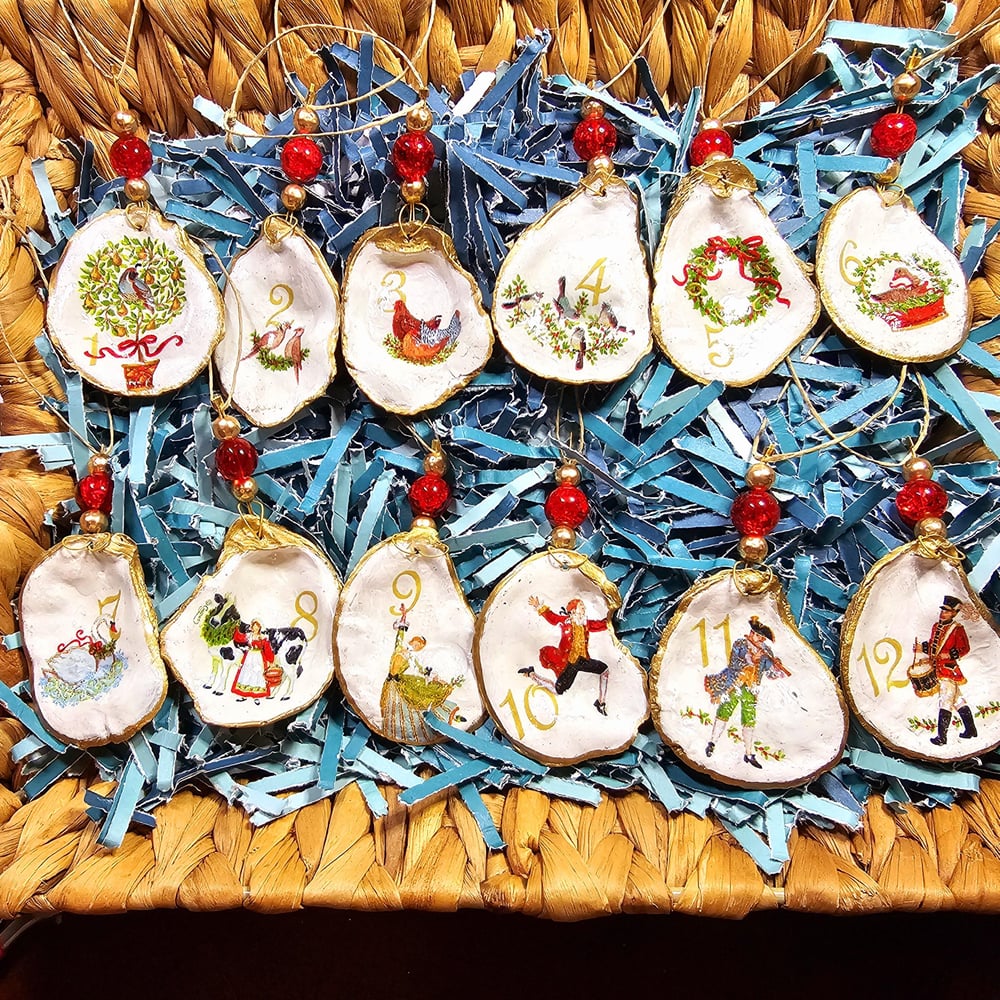 Image of 12 Days of Christmas Oyster Shell Ornaments (set of 12)