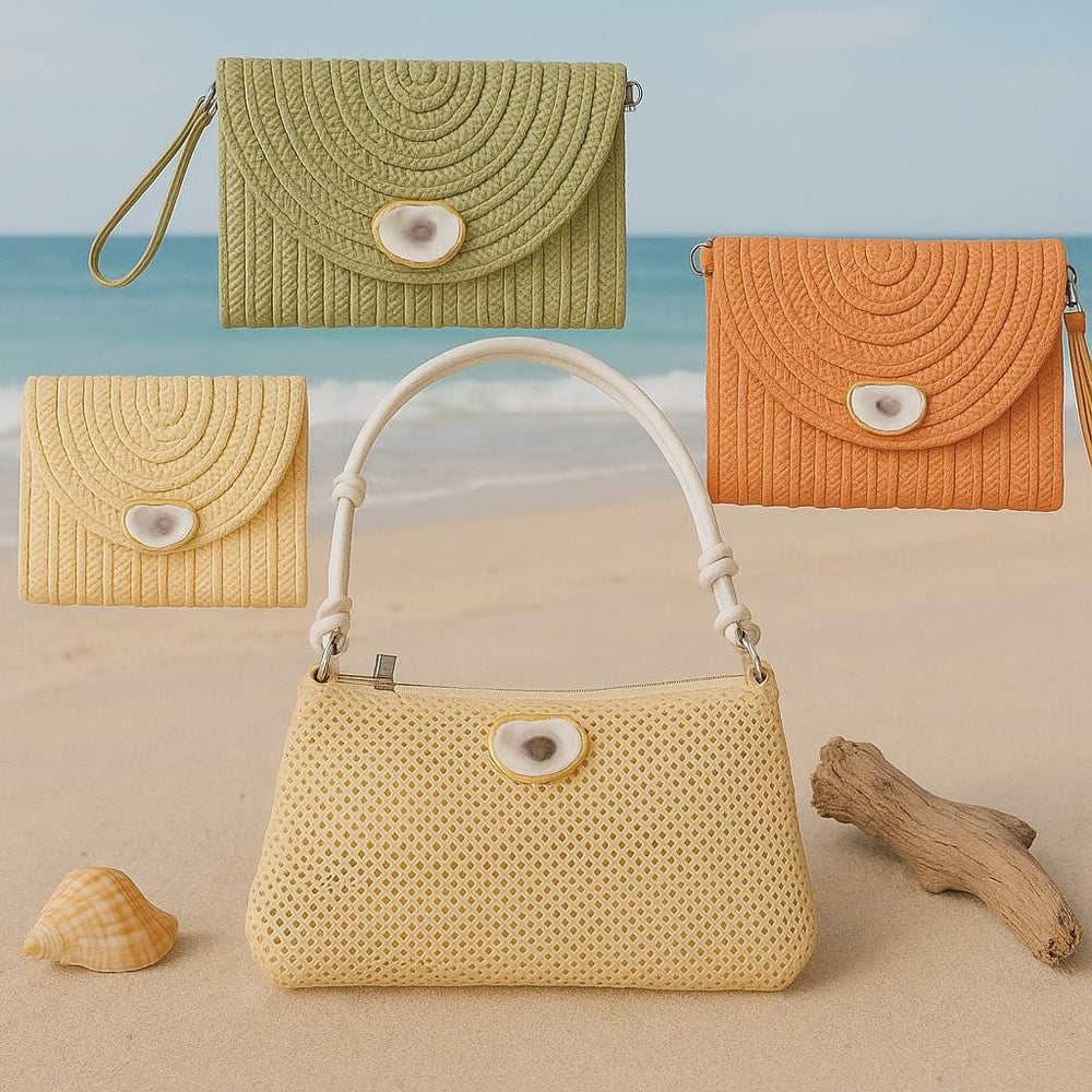 Image of Handwoven Straw Clutch: Boho Oyster Shell Beach Bag