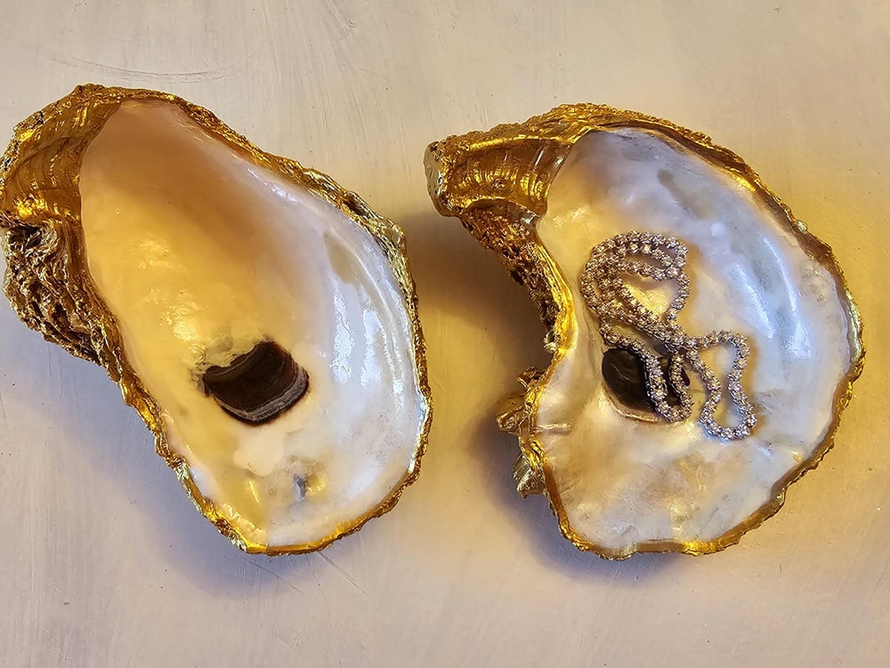 Image of Hand-Painted Gold Oyster Shell Ring Dish: Coastal Jewelry Dish
