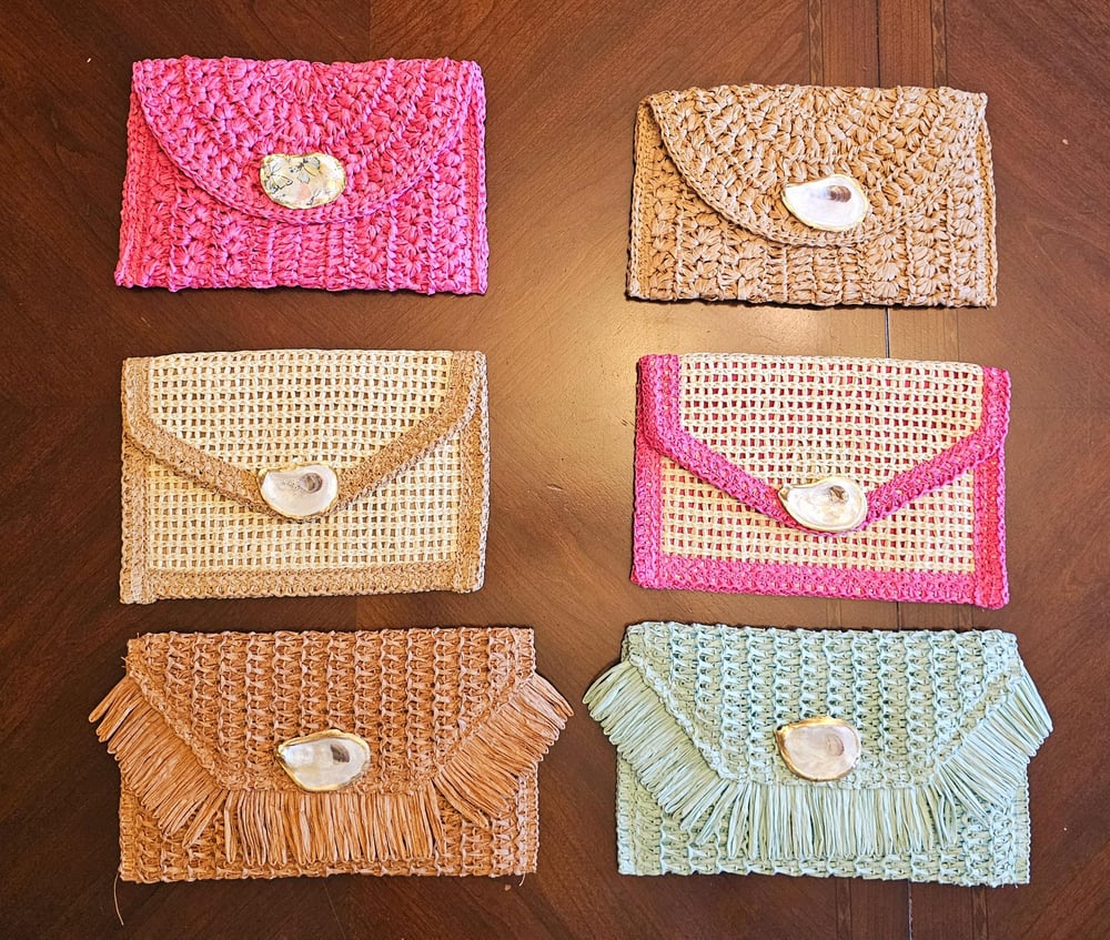 Image of Boho Oyster Shell Clutch: Handwoven Straw Envelope Bag with Fringe