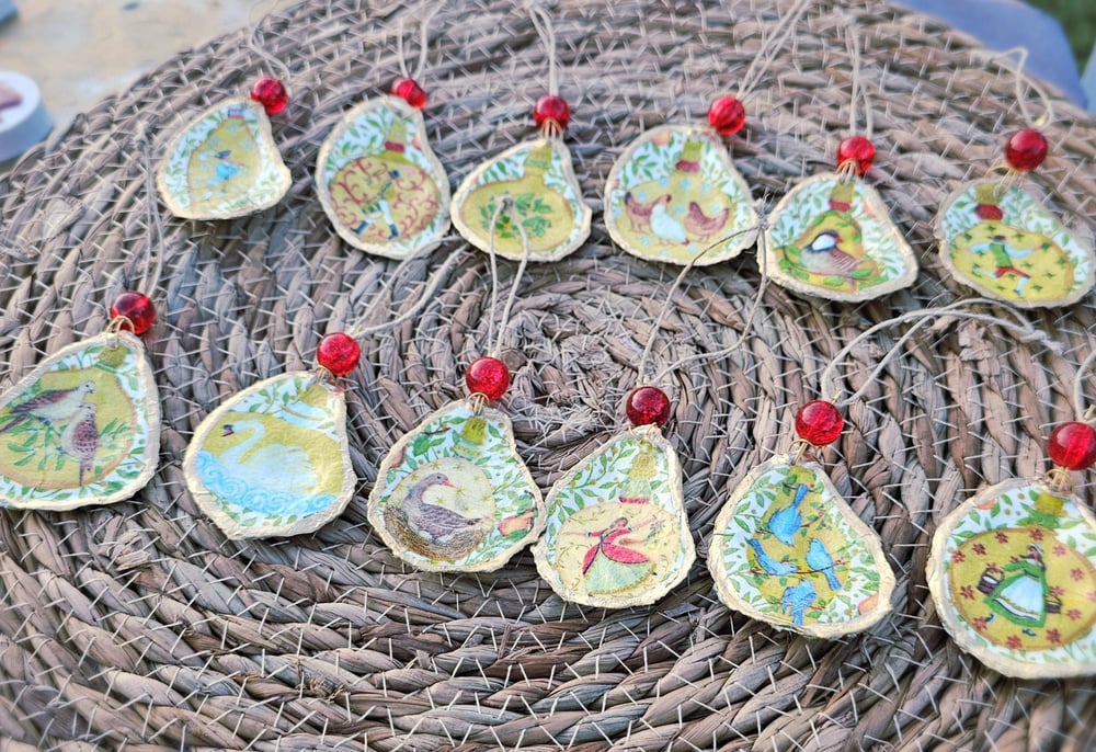 Image of Decoupaged Oyster Shell Christmas Ornaments: 12 Days of Christmas Set