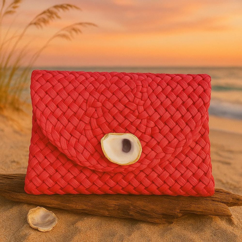 Image of Handwoven Straw Clutch: Colorful Oyster Shell Beach Wedding Purse