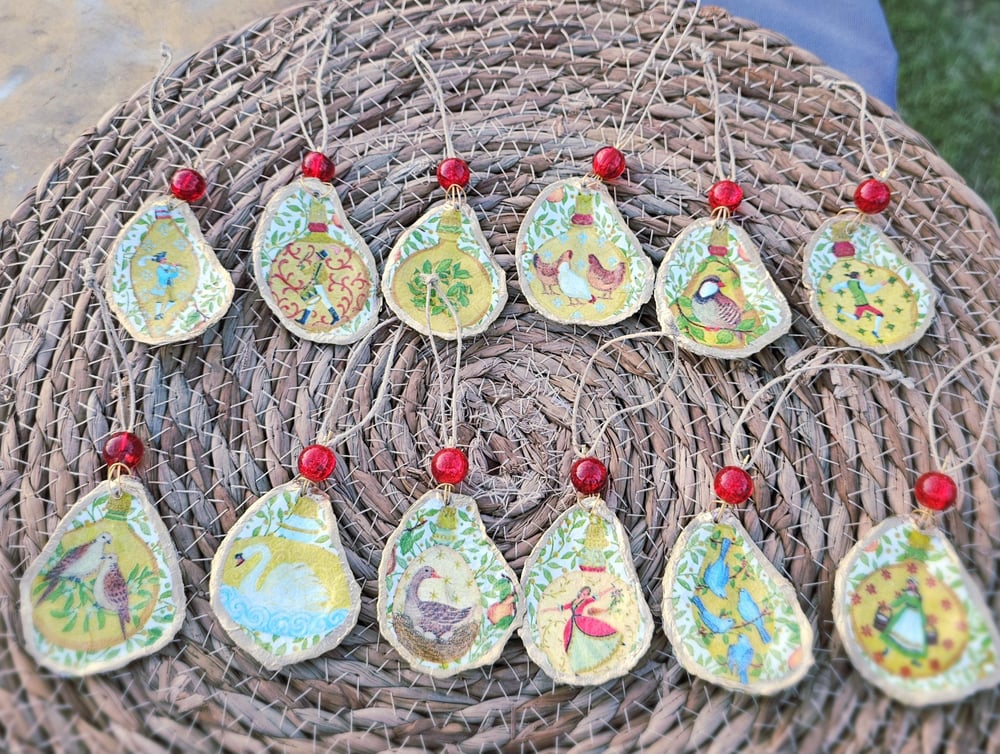 Image of Decoupaged Oyster Shell Christmas Ornaments: 12 Days of Christmas Set
