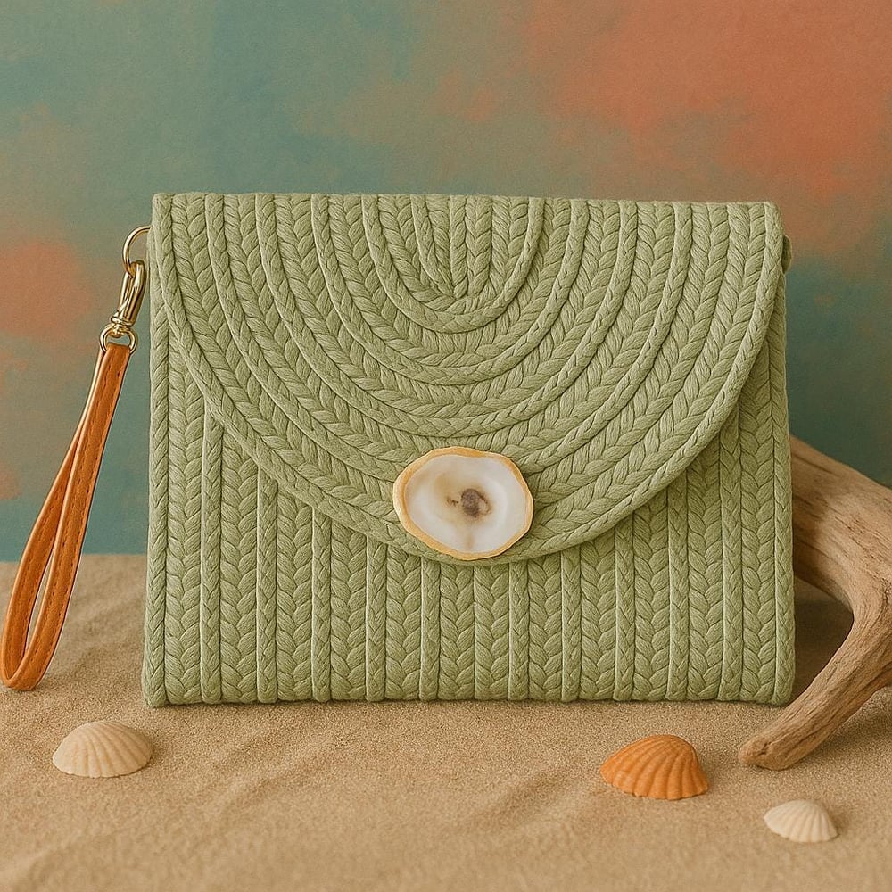 Image of Handwoven Straw Clutch: Boho Oyster Shell Beach Bag