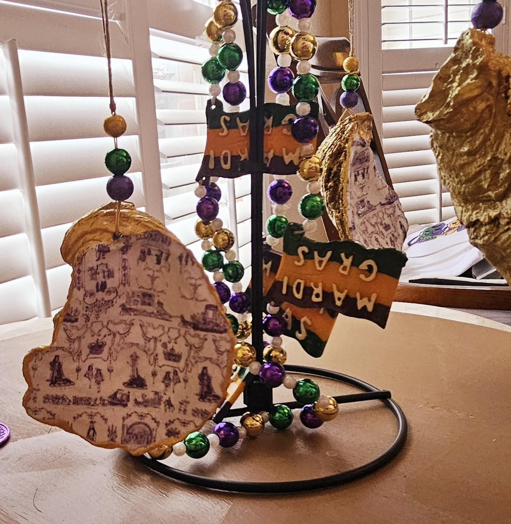 Image of Mardi Gras Toile Oyster Shell Ornament: Decoupage Beaded Decor