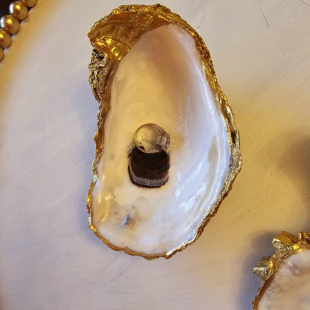 Image of Hand-Painted Gold Oyster Shell Ring Dish: Coastal Jewelry Dish