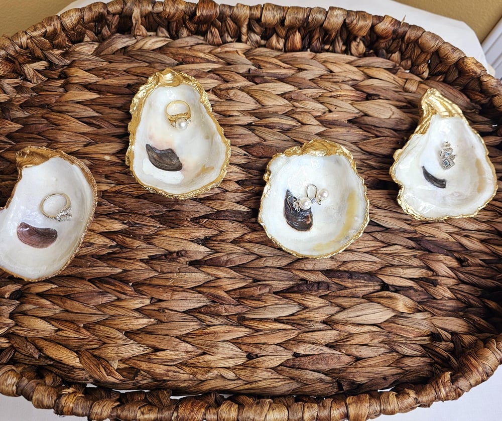 Image of Hand-Painted Gold Oyster Shell Ring Dish: Coastal Jewelry Holder