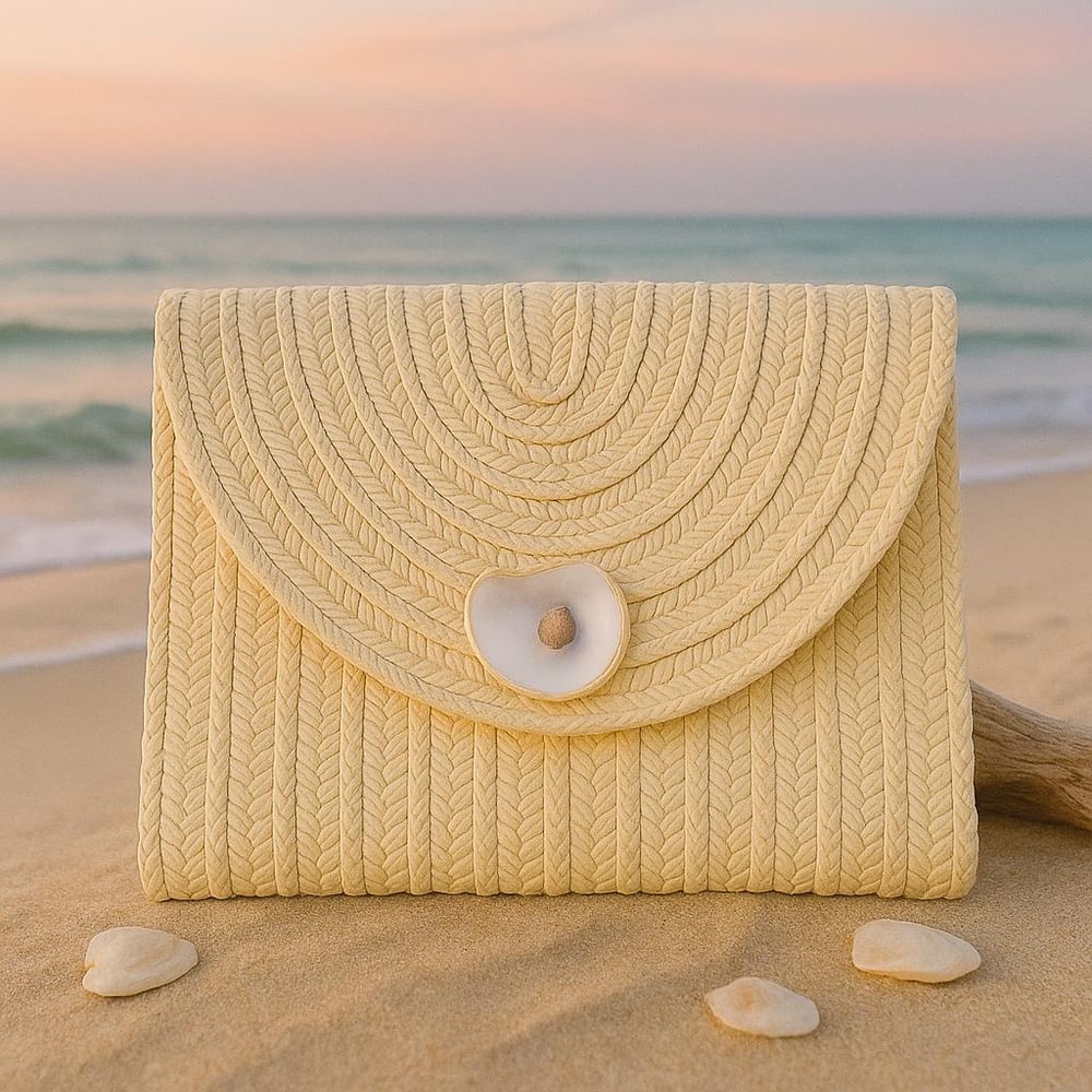 Image of Handwoven Straw Clutch: Boho Oyster Shell Beach Bag