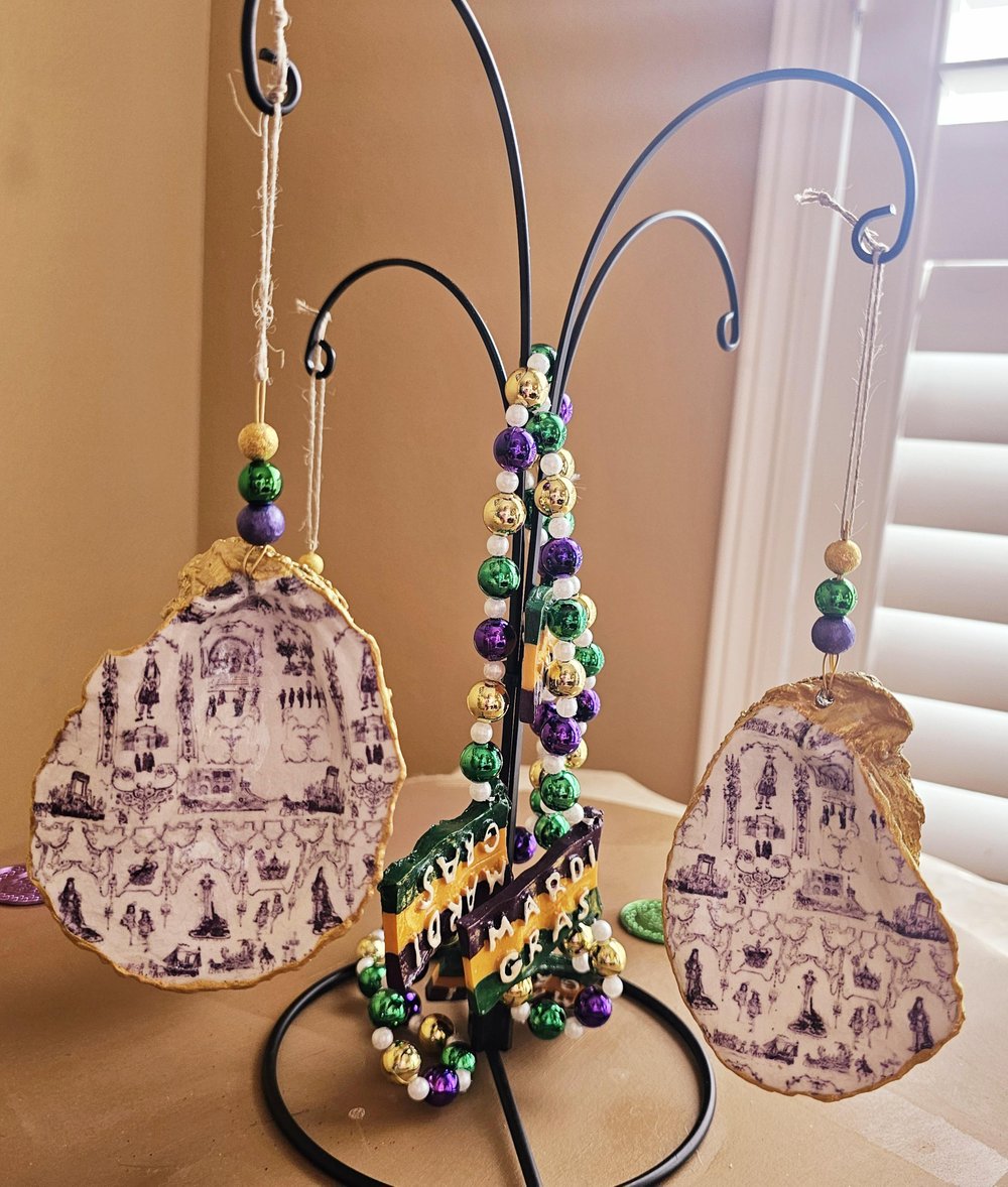 Image of Mardi Gras Toile Oyster Shell Ornament: Decoupage Beaded Decor