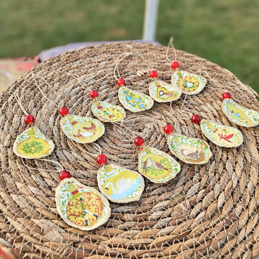 Image of Decoupaged Oyster Shell Christmas Ornaments: 12 Days of Christmas Set