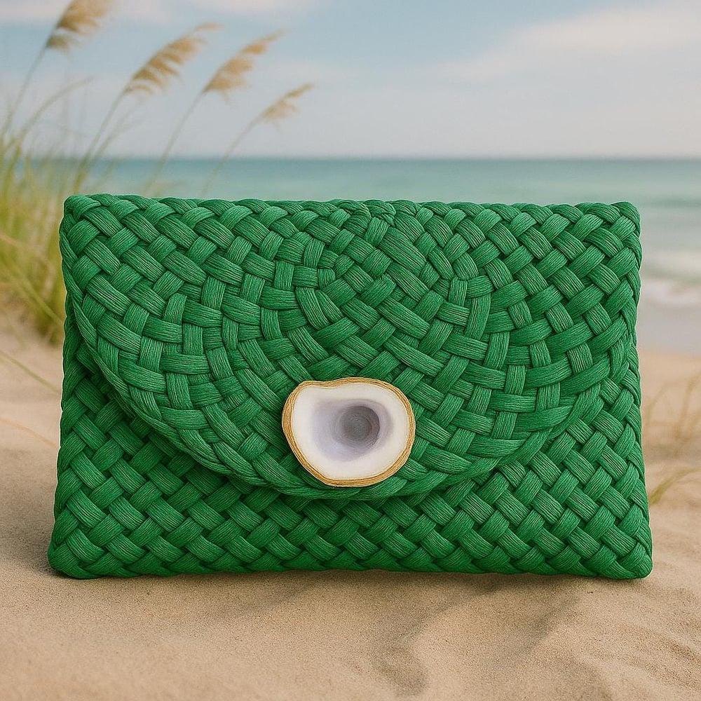 Image of Handwoven Straw Clutch: Colorful Oyster Shell Beach Wedding Purse