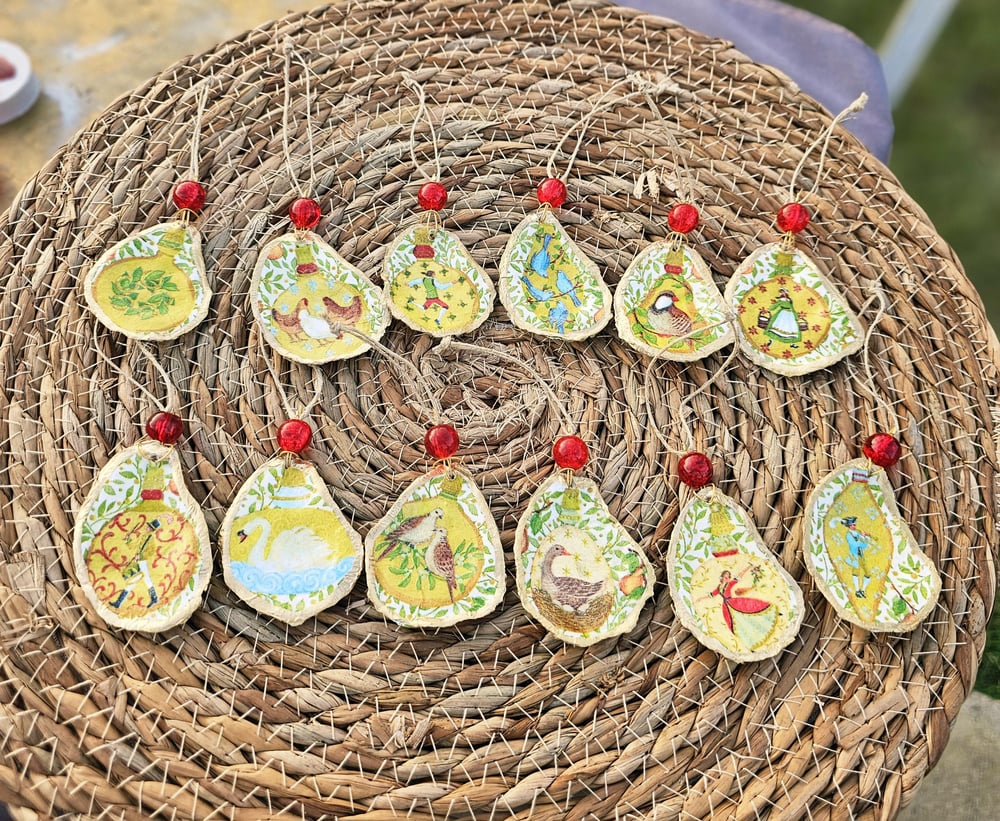Image of Decoupaged Oyster Shell Christmas Ornaments: 12 Days of Christmas Set