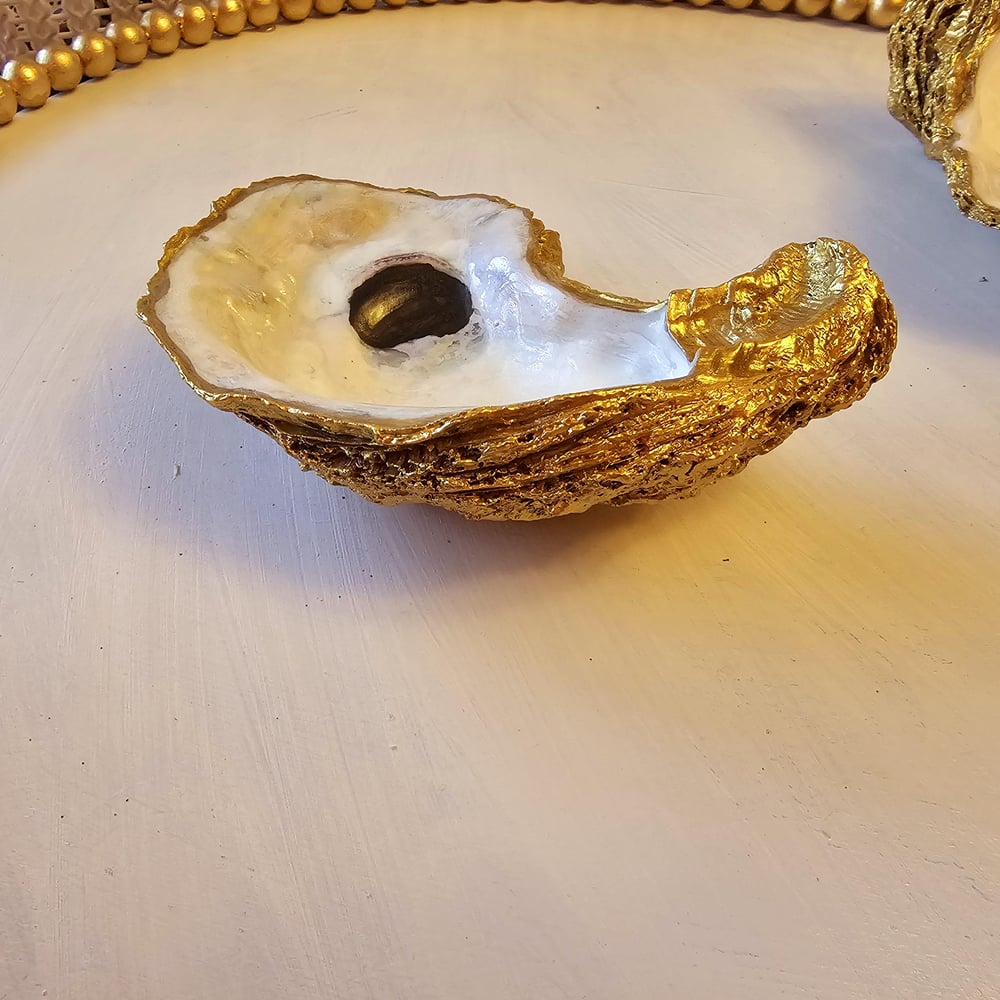 Image of Hand-Painted Gold Oyster Shell Ring Dish: Coastal Jewelry Dish