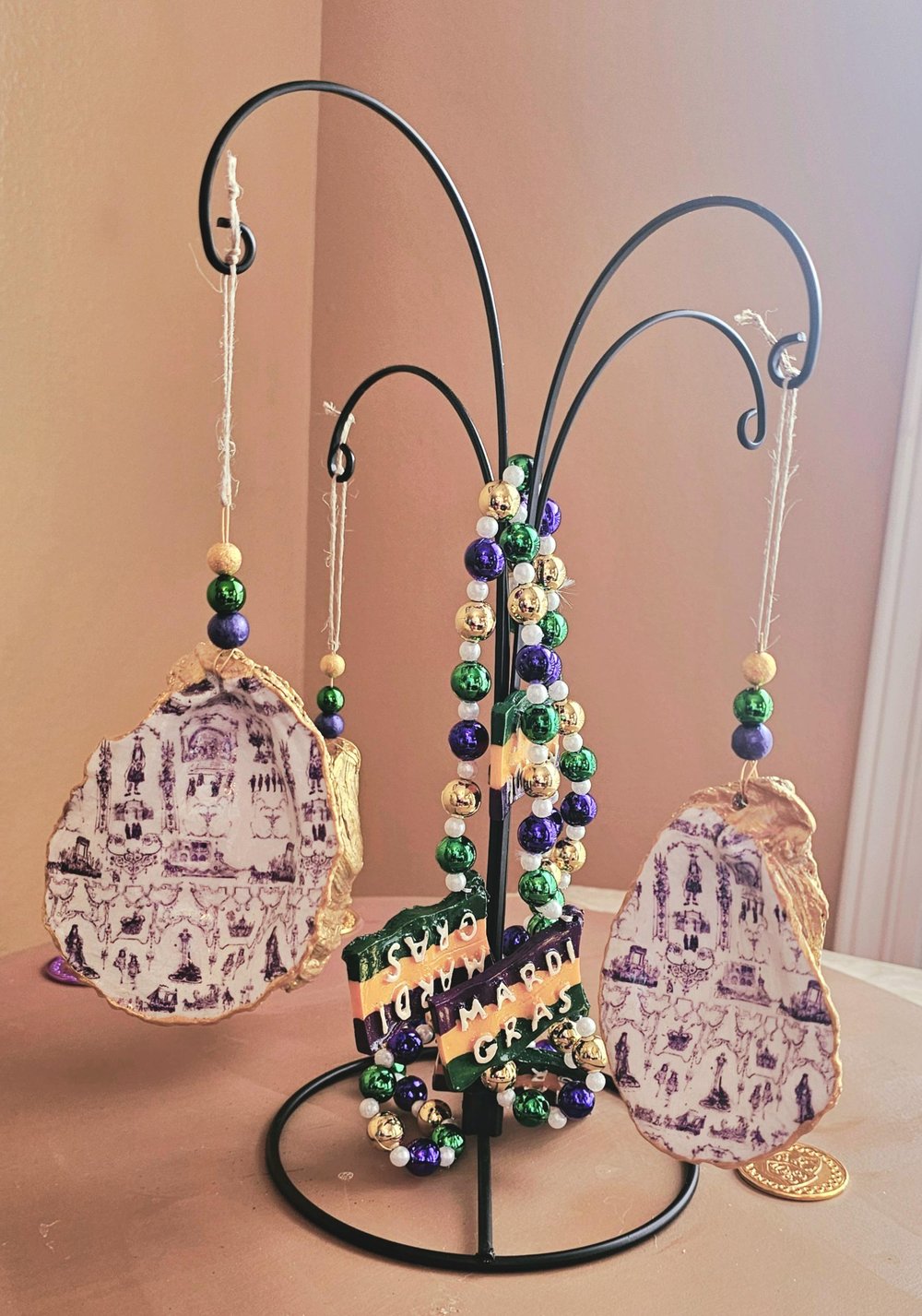 Image of Mardi Gras Toile Oyster Shell Ornament: Decoupage Beaded Decor