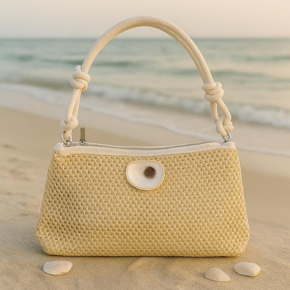 Image of Handwoven Straw Clutch: Boho Oyster Shell Beach Bag