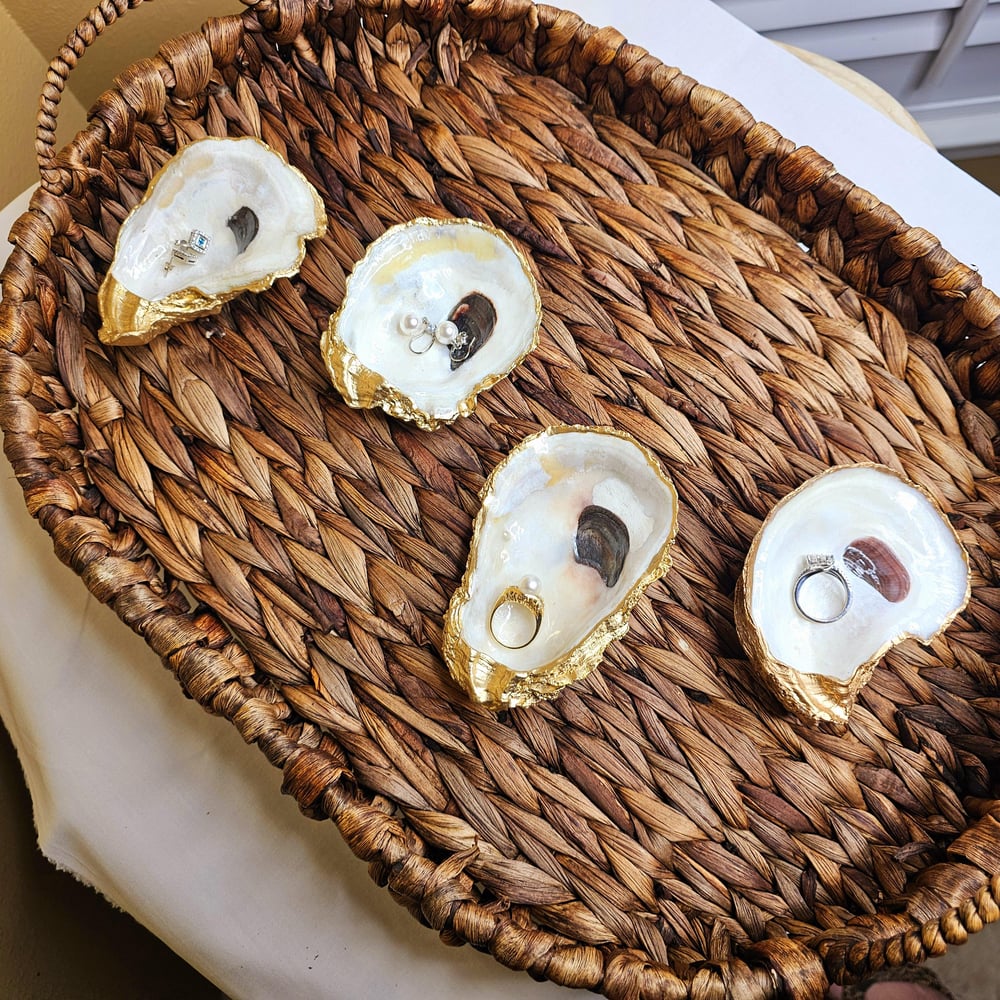 Image of Hand-Painted Gold Oyster Shell Ring Dish: Coastal Jewelry Holder