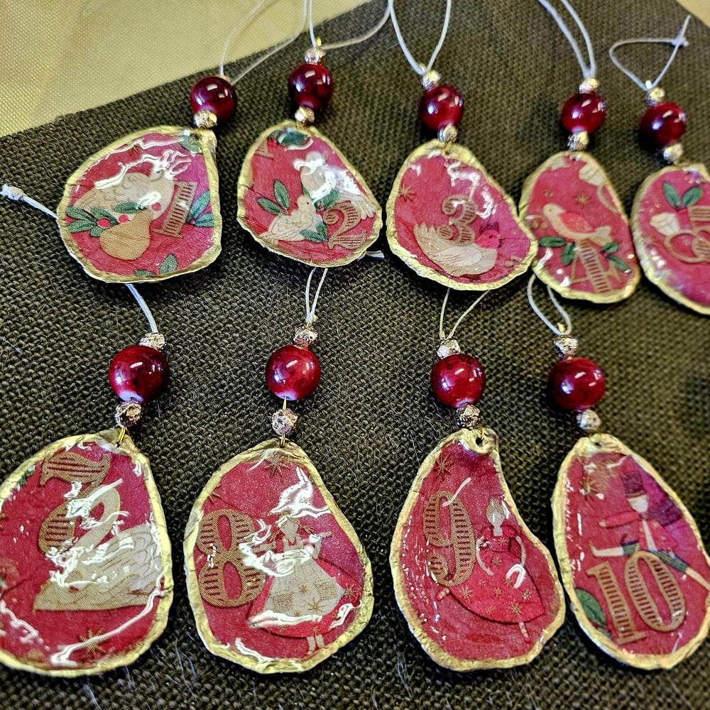 Image of 12 Days of Christmas Oyster Shell Ornaments, Hand-Decoupaged Set