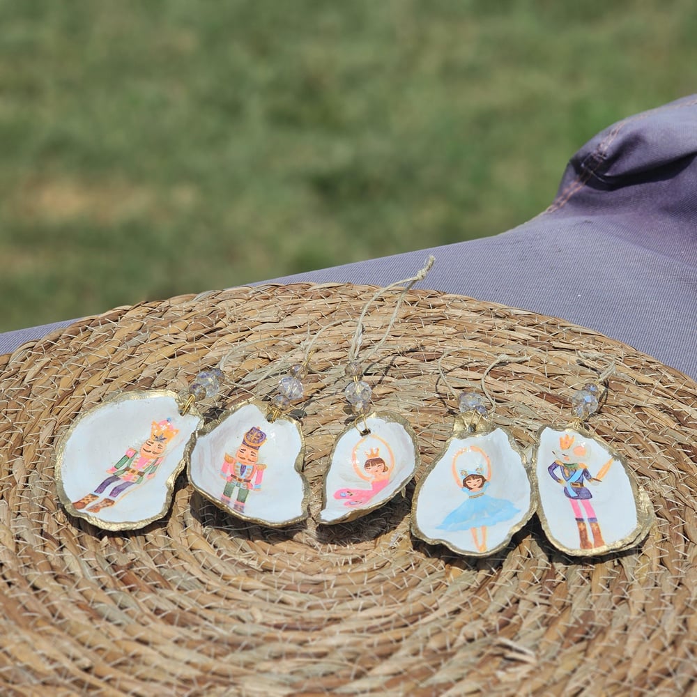 Image of Nutcracker Ballet Oyster Shell Ornament Set: Coastal Christmas Decor