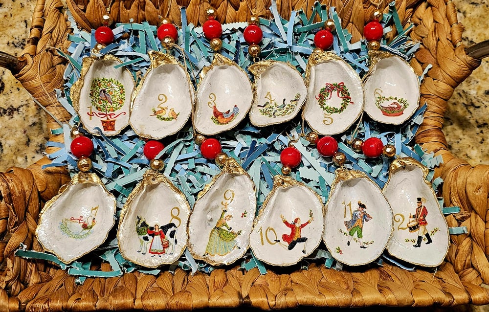 Image of 12 Days of Christmas Oyster Shell Ornaments (set of 12)
