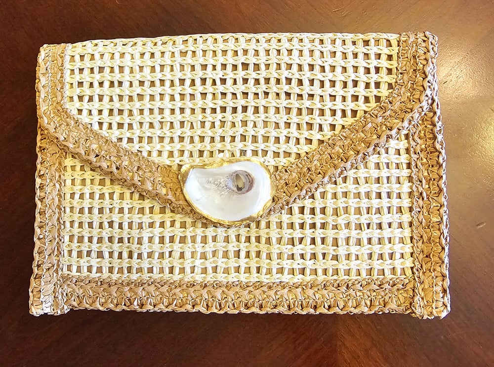 Image of Boho Oyster Shell Clutch: Handwoven Straw Envelope Bag with Fringe