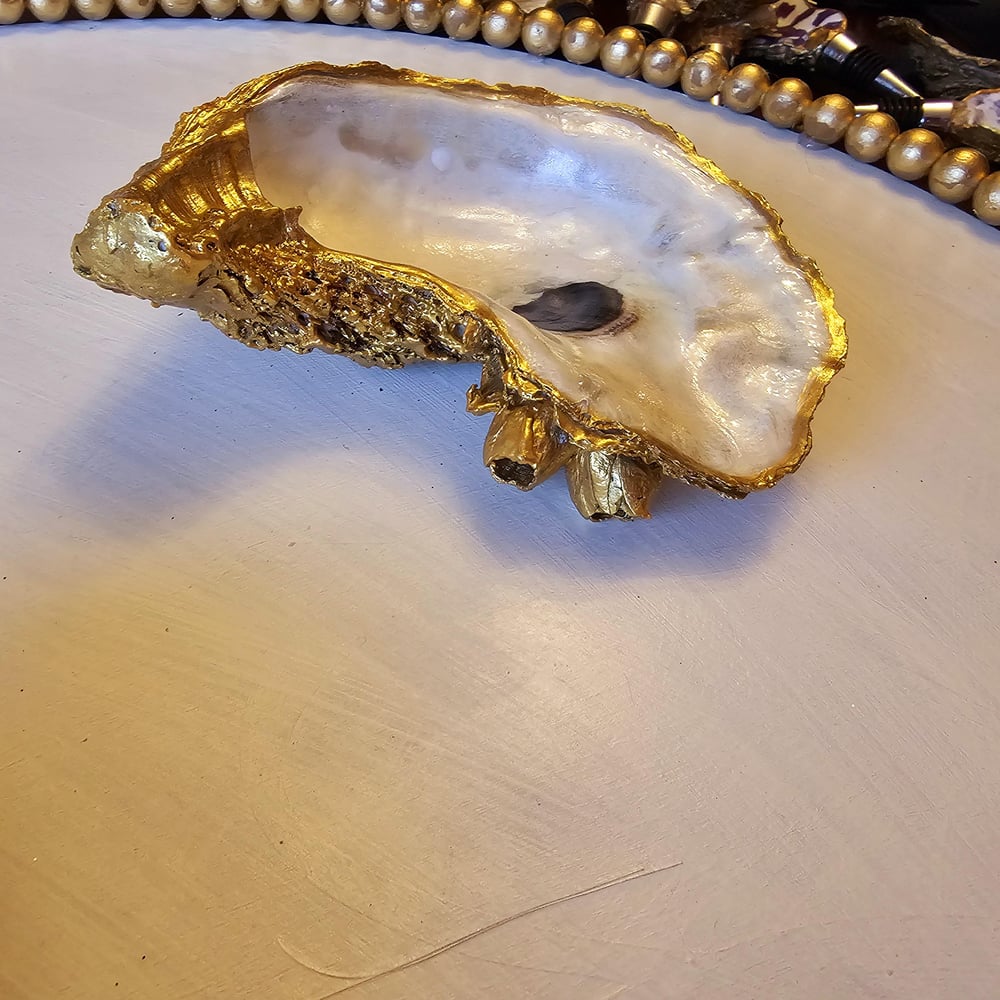 Image of Hand-Painted Gold Oyster Shell Ring Dish: Coastal Jewelry Dish