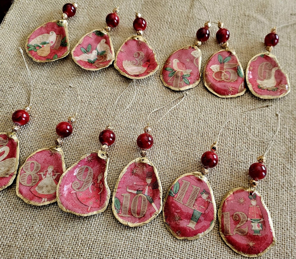 Image of 12 Days of Christmas Oyster Shell Ornaments, Hand-Decoupaged Set