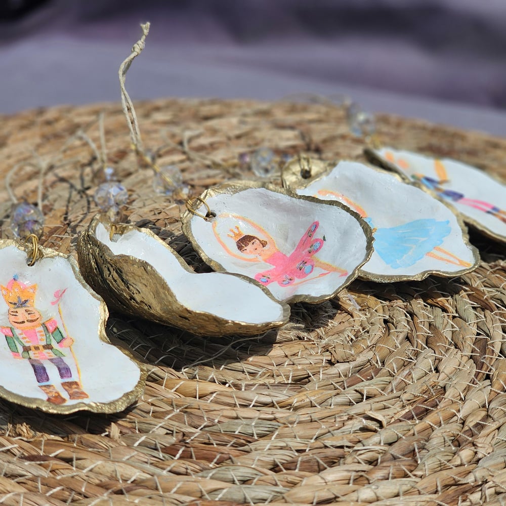 Image of Nutcracker Ballet Oyster Shell Ornament Set: Coastal Christmas Decor