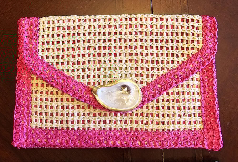 Image of Boho Oyster Shell Clutch: Handwoven Straw Envelope Bag with Fringe