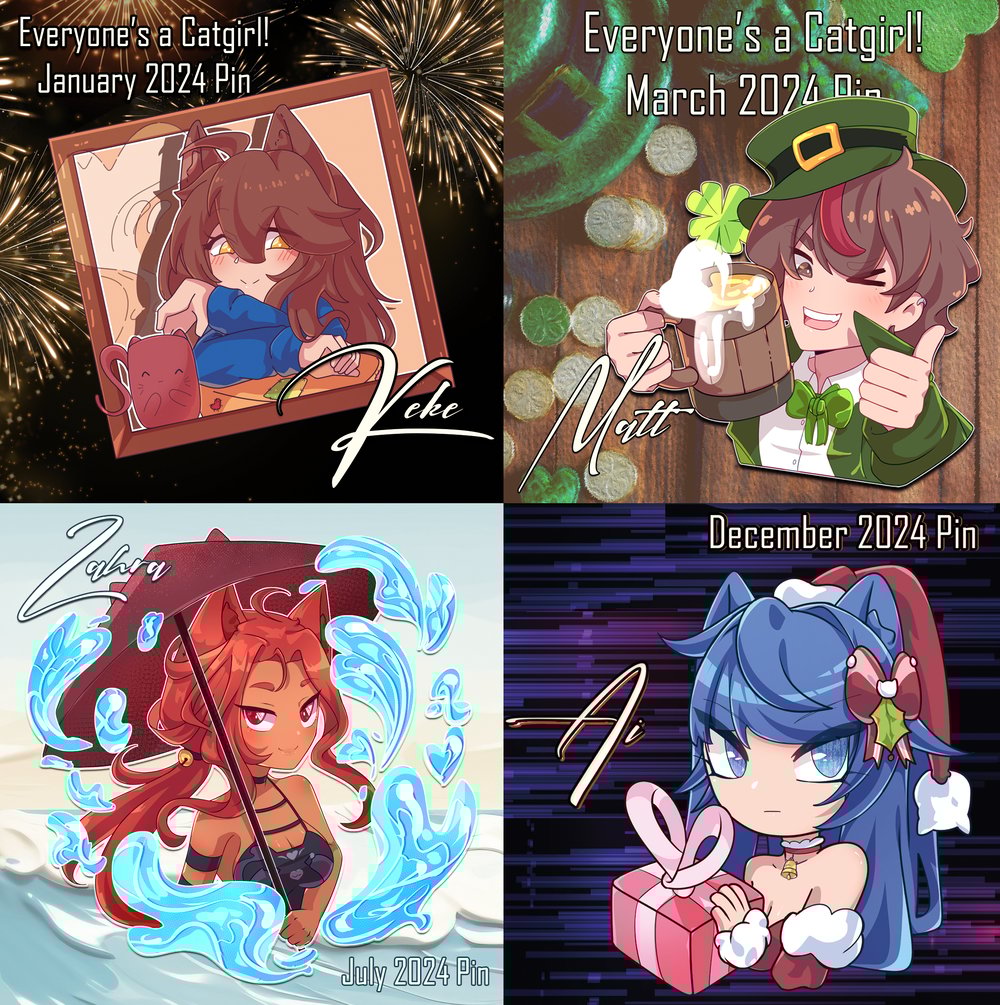 Image of Keke, Zahra, Matt, and Ai 2024 Patreon Acryic Pins