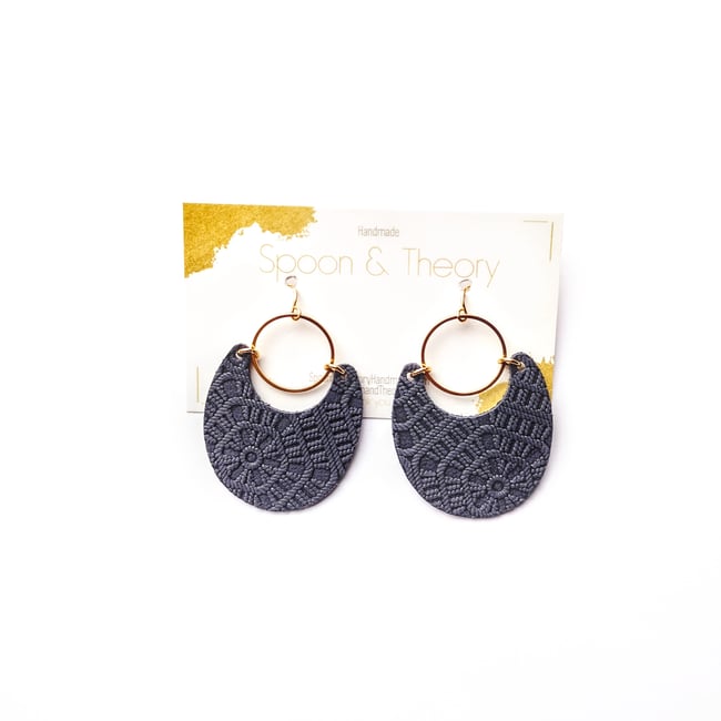 Navy Embossed Leather Earrings 